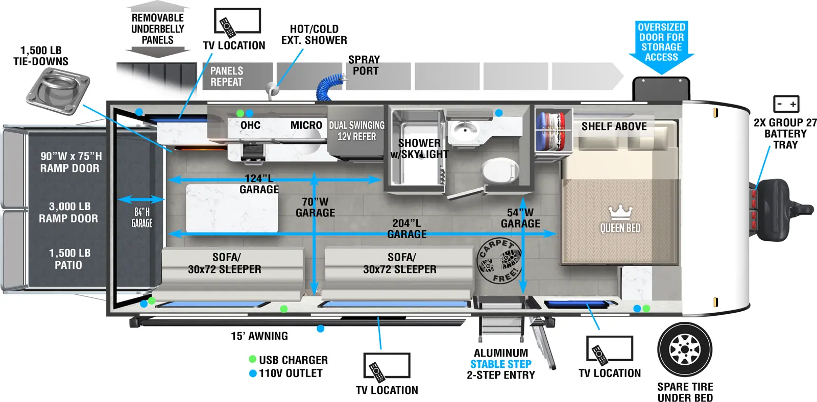 The 190RTK has zero slideouts and one entry. Exterior features removeable underbelly panels, optional solar extended 200W solar package, spray port, hot/cold exterior shower, spare tire winch system, storage, 15 foot awning, outside TV, aluminum stable step 3-step entry, front 2X group 27 battery tray, and rear ramp door. Interior layout front to back: carpet-free RV; side-facing queen bed with shelf above, wardrobe, and TV; off-door side full bathroom with skylight in shower; door side entry, sofa sleeper; rear off-door side dual swinging 12V refrigerator, microwave, overhead cabinet, sink, cooktop, fireplace, and TV; door side sofa/sleeper with table. Garage dimensions: 81 inches garage height; 204 inches from ramp door to queen bed; 124 inches from ramp door to bathroom wall, 70 inches from door side to kitchen counter; 54 inches from door side to bathroom wall; 1,500 lb. tie-downs, 3,000 lb 90 inch x 75 inch rear ramp door with 1,500 lb. patio capacity.